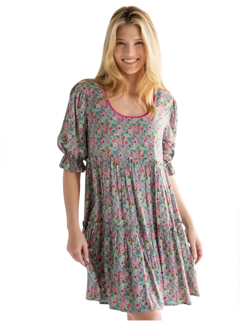 Natural Life Collette Tiered Short Dress | Blue & Pink Floral | Medium